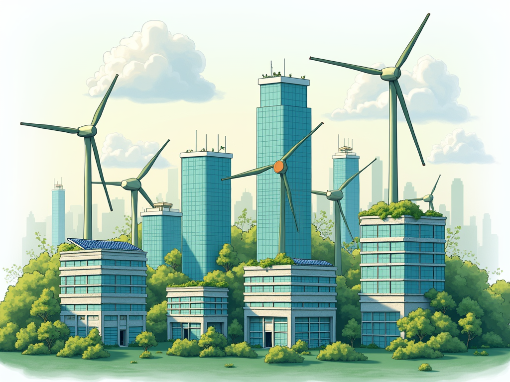 A modern image of a city with green energy solutions representing the shift towards sustainable practices.