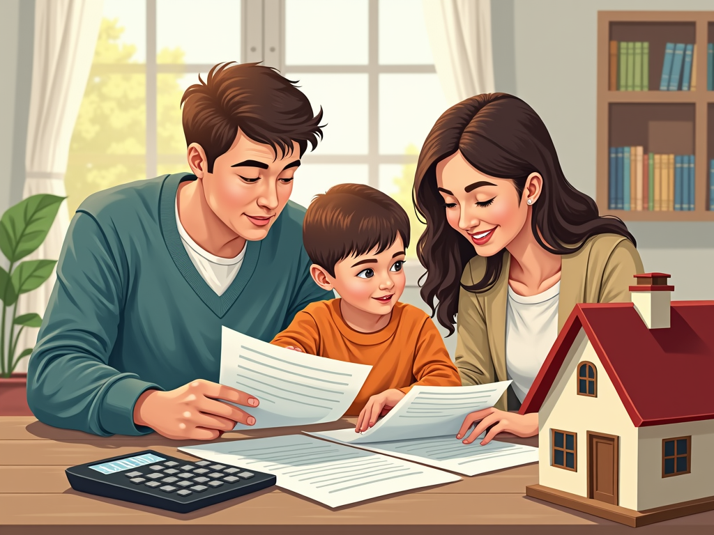 Familie bei der Planung der Baufinanzierung mit Fokus auf Eigenkapital und Zinsvergleich.