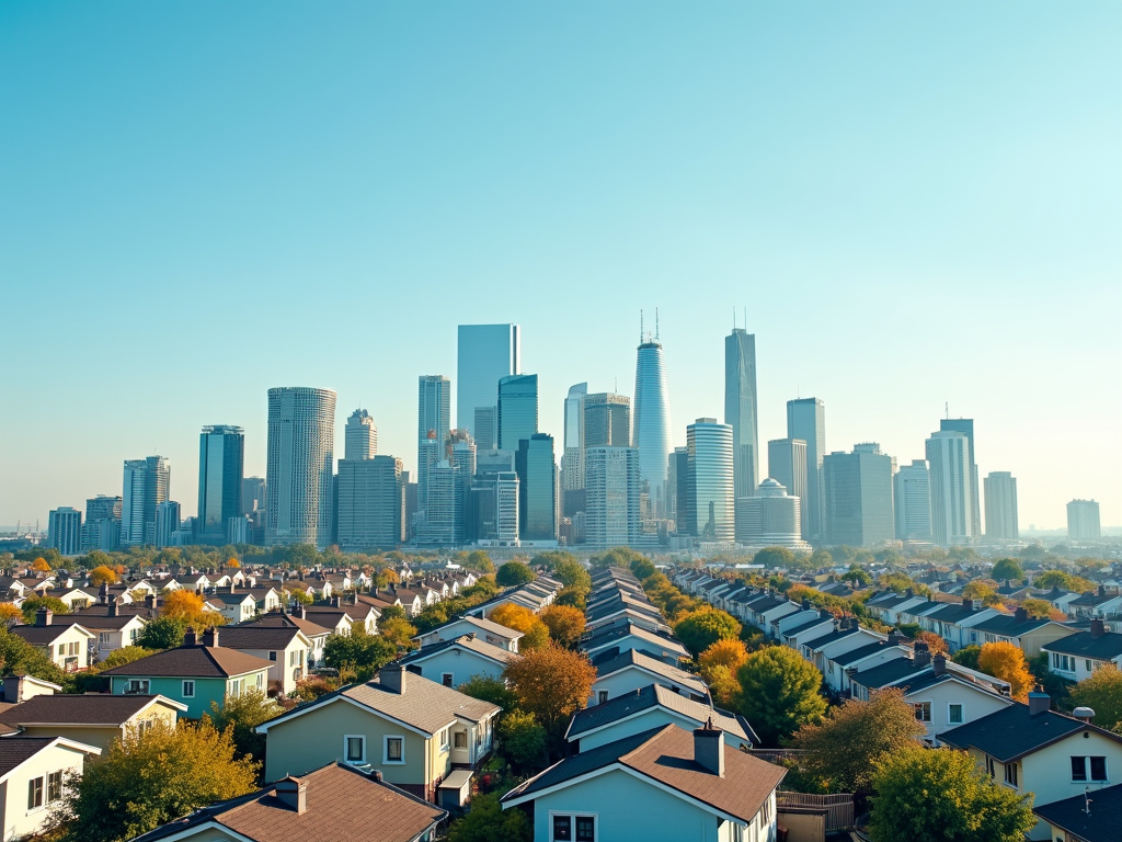 City skyline with housing options symbolizing the choice between buying and renting.