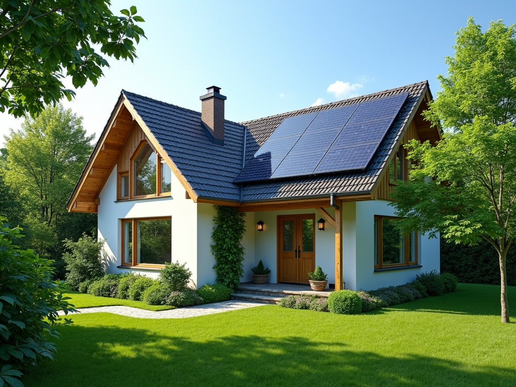 Ein umweltfreundliches Haus mit Solarpanelen auf dem Dach, umgeben von grüner Natur.
