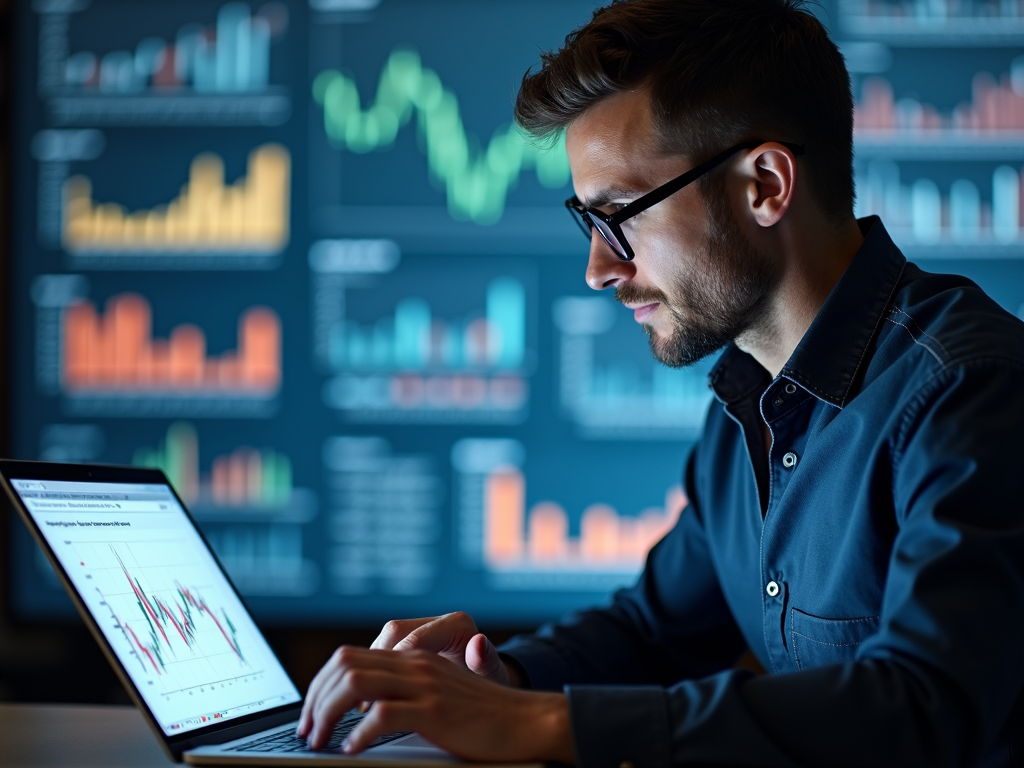 Ein Finanzberater sitzt am Laptop und analysiert ETF-Kosten mit Diagrammen im Hintergrund.