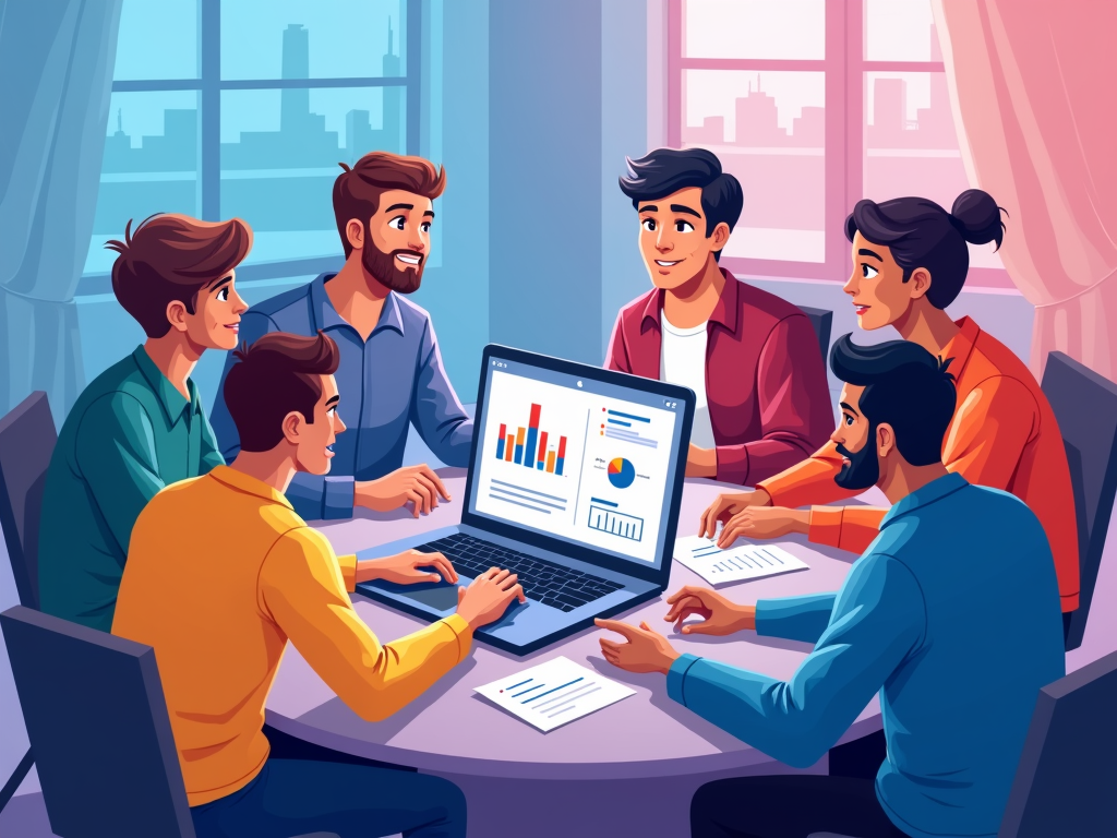 Diverse Investoren diskutieren eine Startup-Präsentation auf einer Crowdinvesting-Plattform.