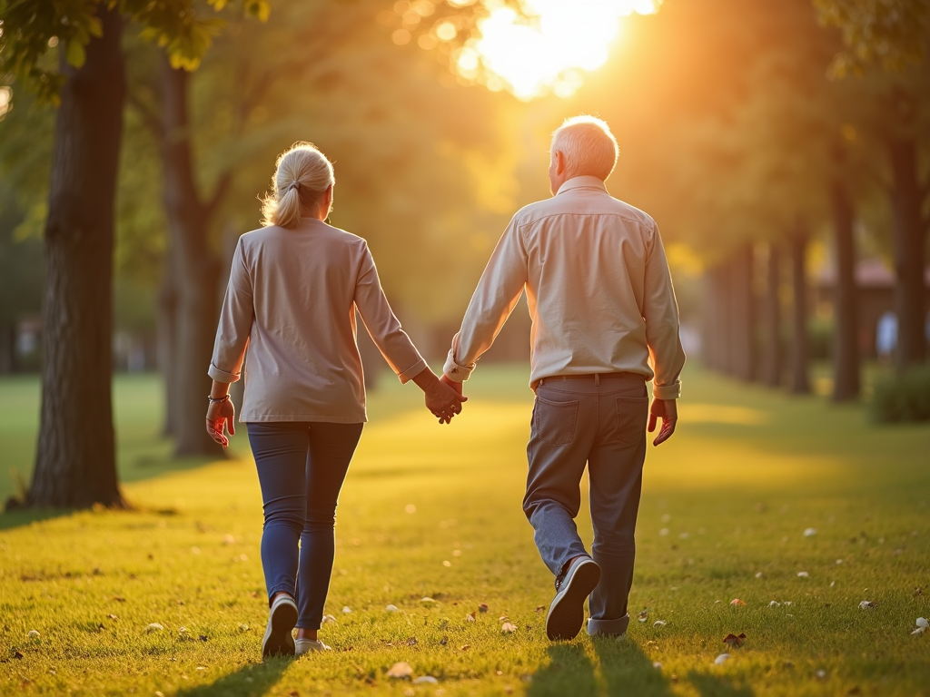 An elderly couple enjoys a walk, symbolically representing flexible retirement through partial pension.