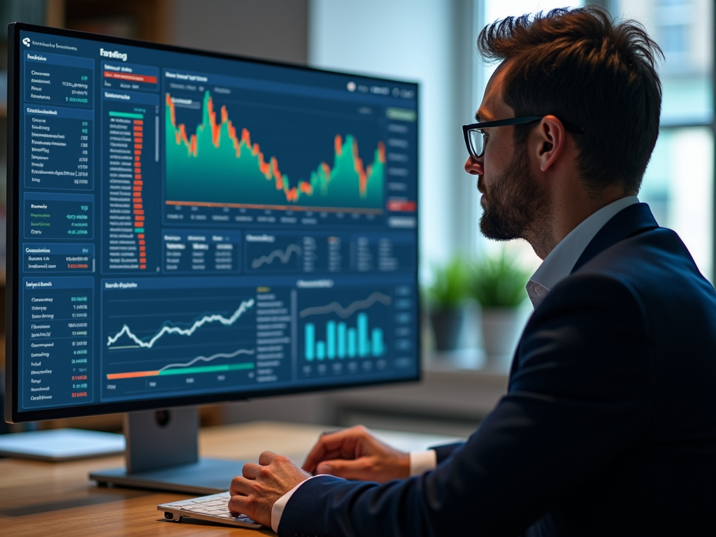 Ein selbstbewusster Anleger in einem modernen Büro analysiert ein diversifiziertes Portfolio auf einem digitalen Bildschirm.