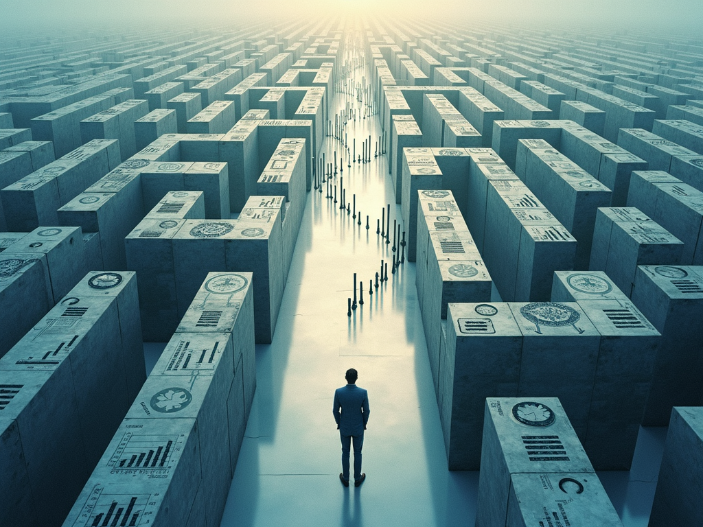 Ein Labyrinth aus finanziellen Symbolen und Diagrammen mit einer Person am Eingang, die ihren Weg plant.