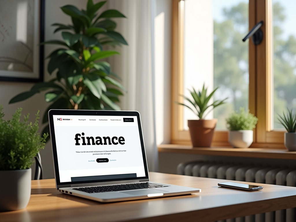 Ein modernes Homeoffice mit Laptop und Finanz-Website auf dem Bildschirm.