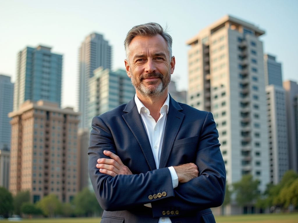 Ein Investor steht vor einem Portfolio von Wohn-, Gewerbe- und Mischimmobilien, symbolisiert finanzielle Freiheit.
