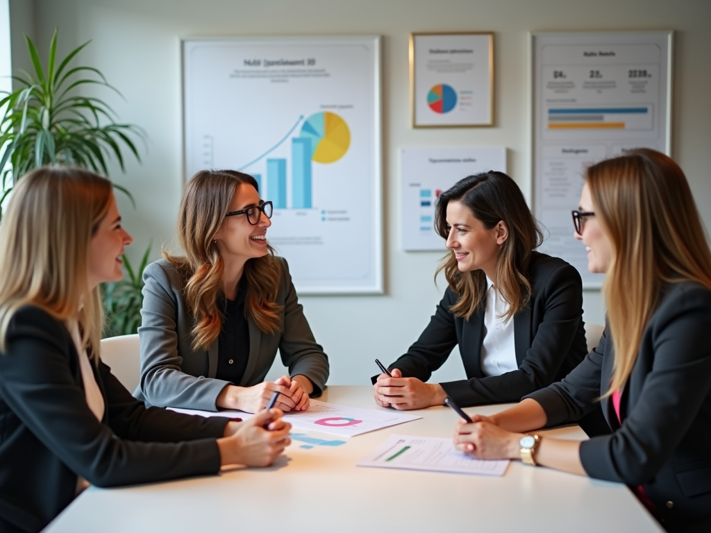Eine Gruppe von Frauen diskutiert über Finanzstrategien, um die Rentenlücke zu schließen.