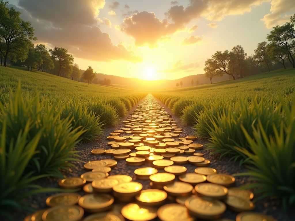 Ein malerischer Pfad aus Münzen führt zu einem Sonnenaufgang, symbolisiert den Weg zur finanziellen Freiheit durch Frugalismus.