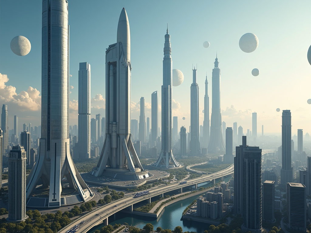Eine futuristische Stadtlandschaft mit Raumfahrttechnologie, Startplätzen und Satelliten.