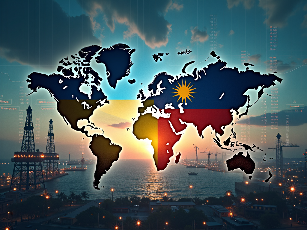 Aktienmarktgrafiken mit geopolitischen Symbolen und Industrieanlagen.