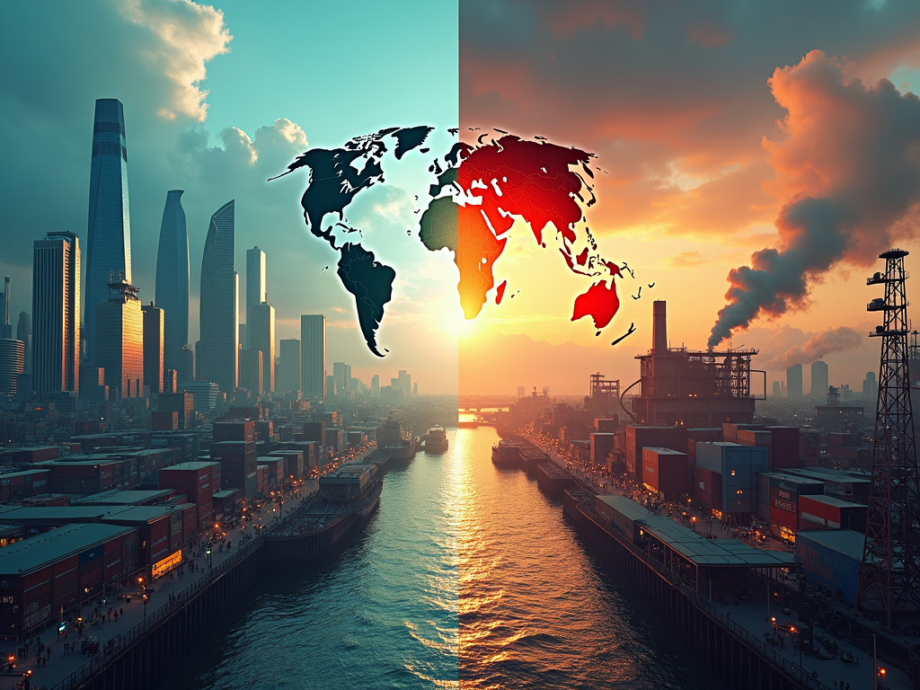 Ein Bild, das die duale Natur der Globalisierung mit prosperierenden Städten und gestörten Lieferketten zeigt.