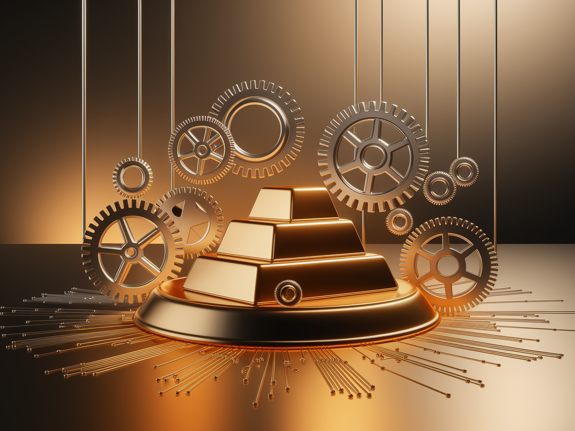 Gold- und Silberbarren umgeben von industriellen Symbolen wie Zahnrädern.