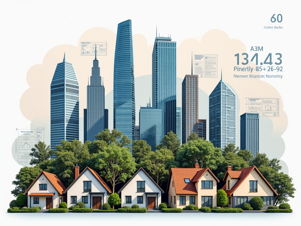 Collage verschiedener Immobilientypen mit Elementen eines Steuerdokuments im Hintergrund.