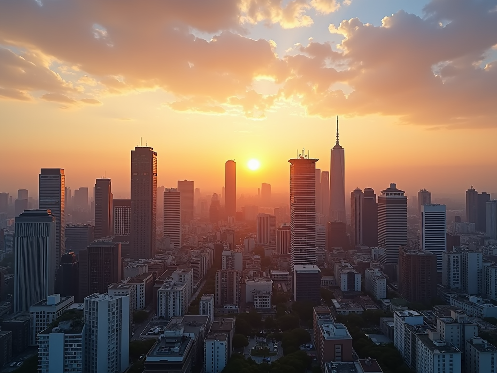 Stadtansicht mit vielfältigen Immobilienchancen bei Sonnenuntergang.