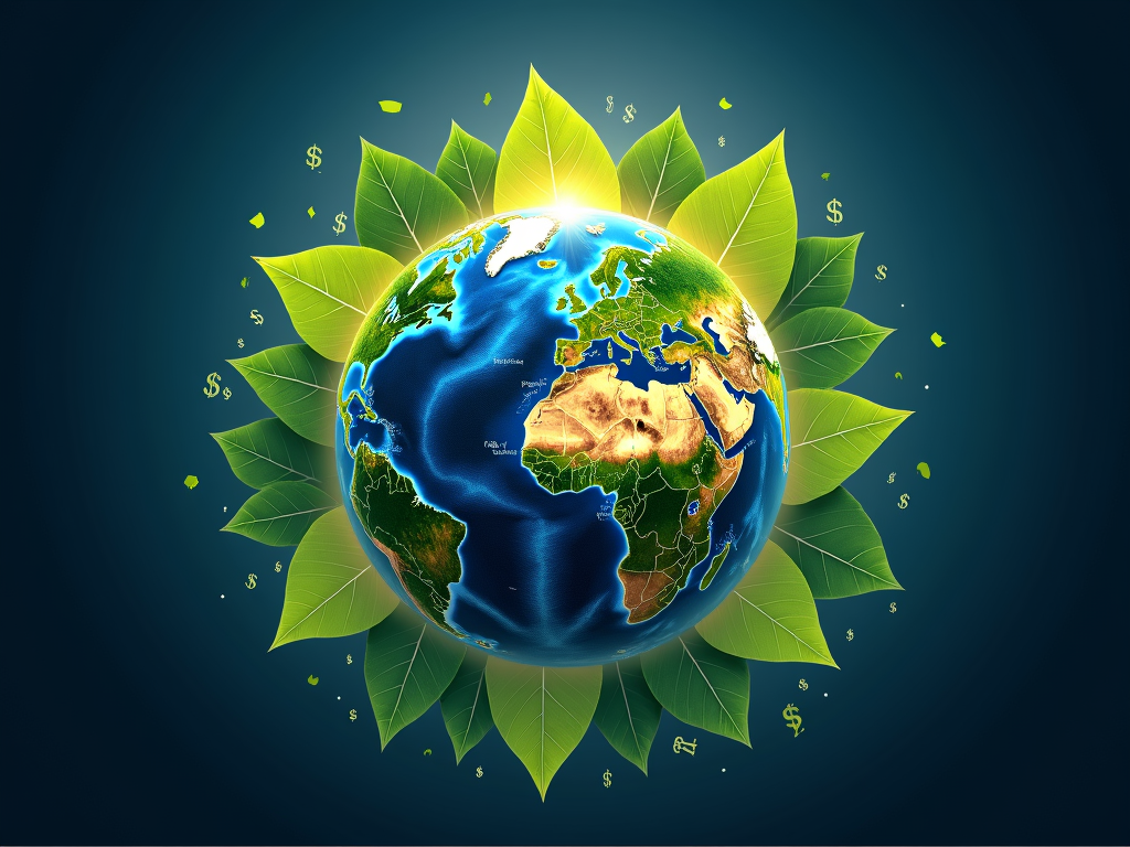Ein Globus umgeben von finanziellen Symbolen und grünen Blättern, symbolisiert die Verbindung von Finanzen und Nachhaltigkeit.