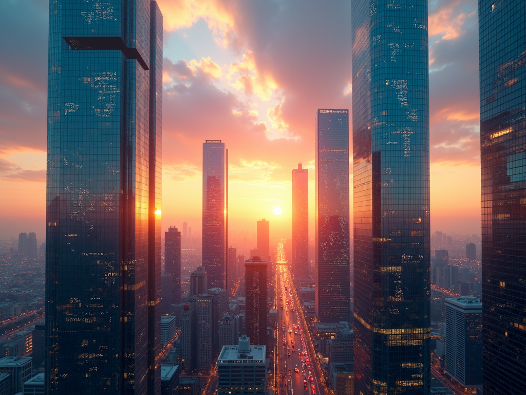 Futuristische Stadt mit Blockchain-Mustern und Kryptowährungssymbolen am Himmel, die den Krypto-Markt symbolisieren.
