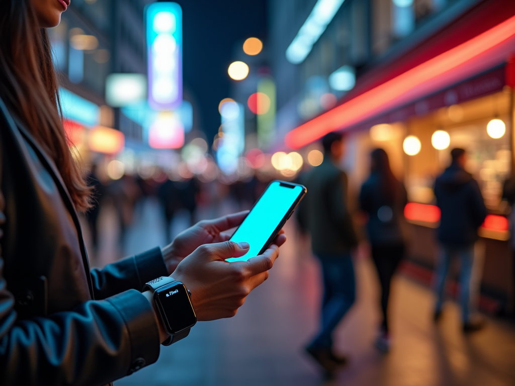 Stadtlandschaft bei Nacht mit Menschen, die Smartphones und Smartwatches für Zahlungen nutzen.