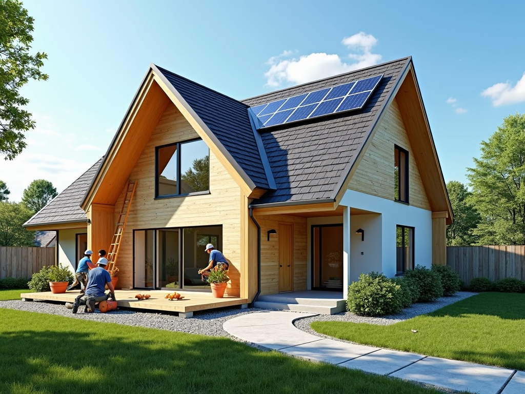Arbeiter installieren Solarpanele und verbessern die Dämmung eines Hauses.