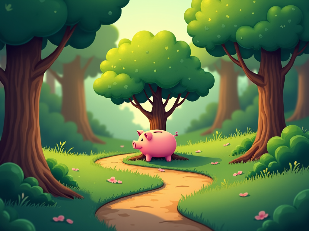Ein grüner Wald mit einem Weg, der zu einem Sparschwein führt.