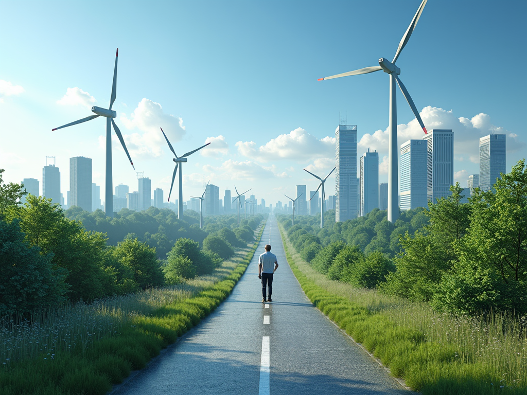 Eine Stadt mit Windturbinen und Solarpanels, im Vordergrund ein Büro mit ETF-Daten auf einem Bildschirm.