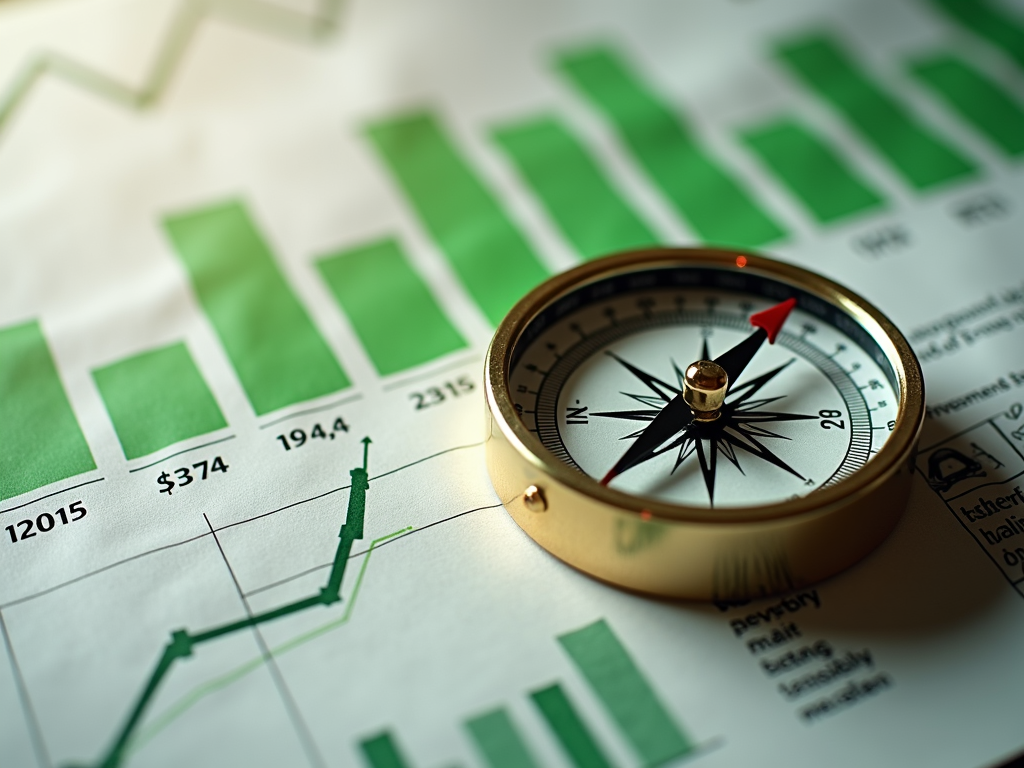 Ein Kompass auf einer Finanzzeitung, der auf Nachhaltigkeit hinweist, mit grünen Finanzdiagrammen im Hintergrund.