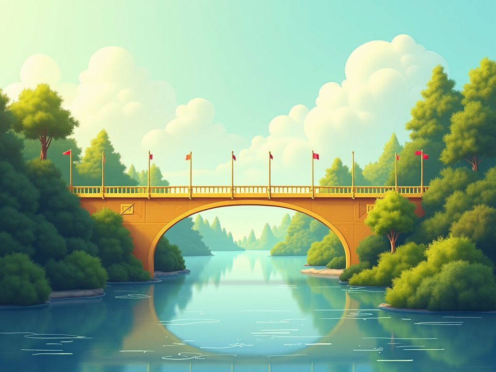 Eine ruhige Landschaft mit einer goldenen Brücke über einem Fluss, die finanzielle Sicherheit darstellt.