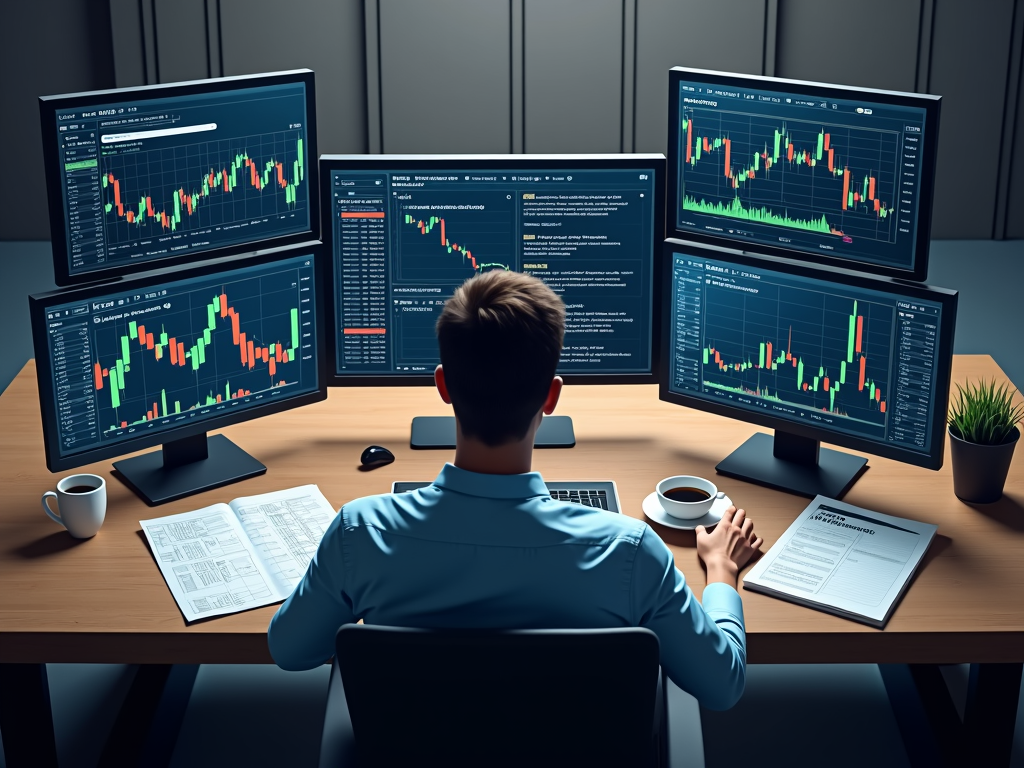 Ein Investor sitzt an einem Schreibtisch mit mehreren Bildschirmen, die verschiedene Online-Broker-Plattformen anzeigen.