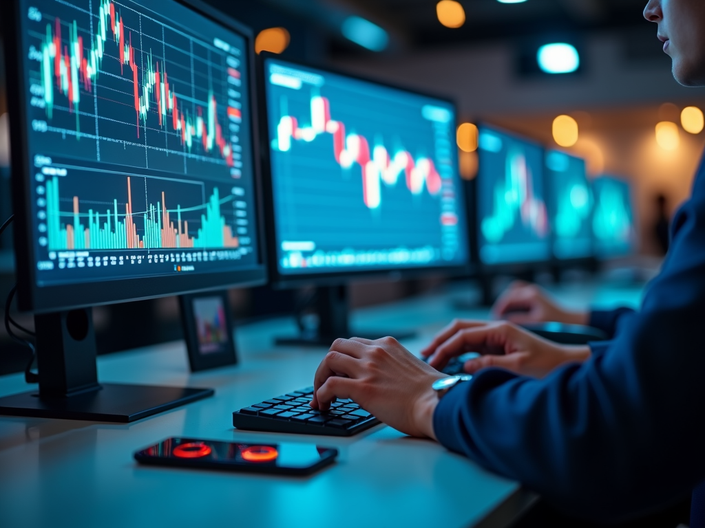 Ein digitaler Trading-Desktop mit Bildschirmen, Börsengraphen und einem Smartphone in einer modernen Büroumgebung.