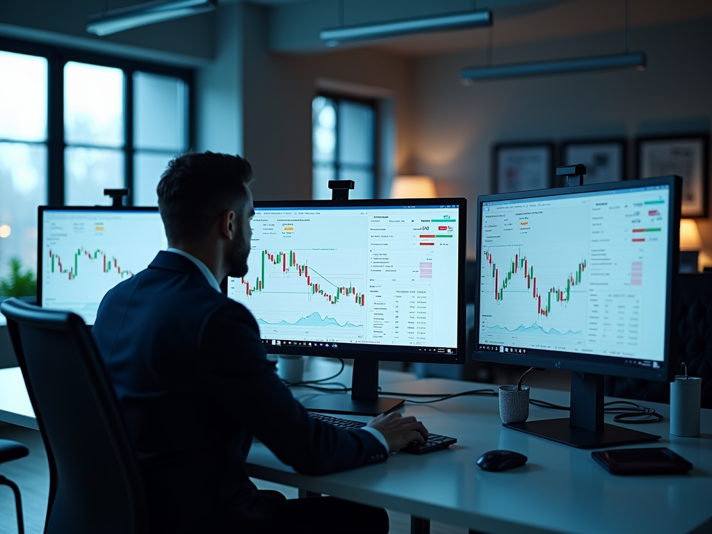 Ein Büro mit Bildschirmen, die Diagramme und Statistiken von Online-Brokern zeigen, in einer professionellen Umgebung.