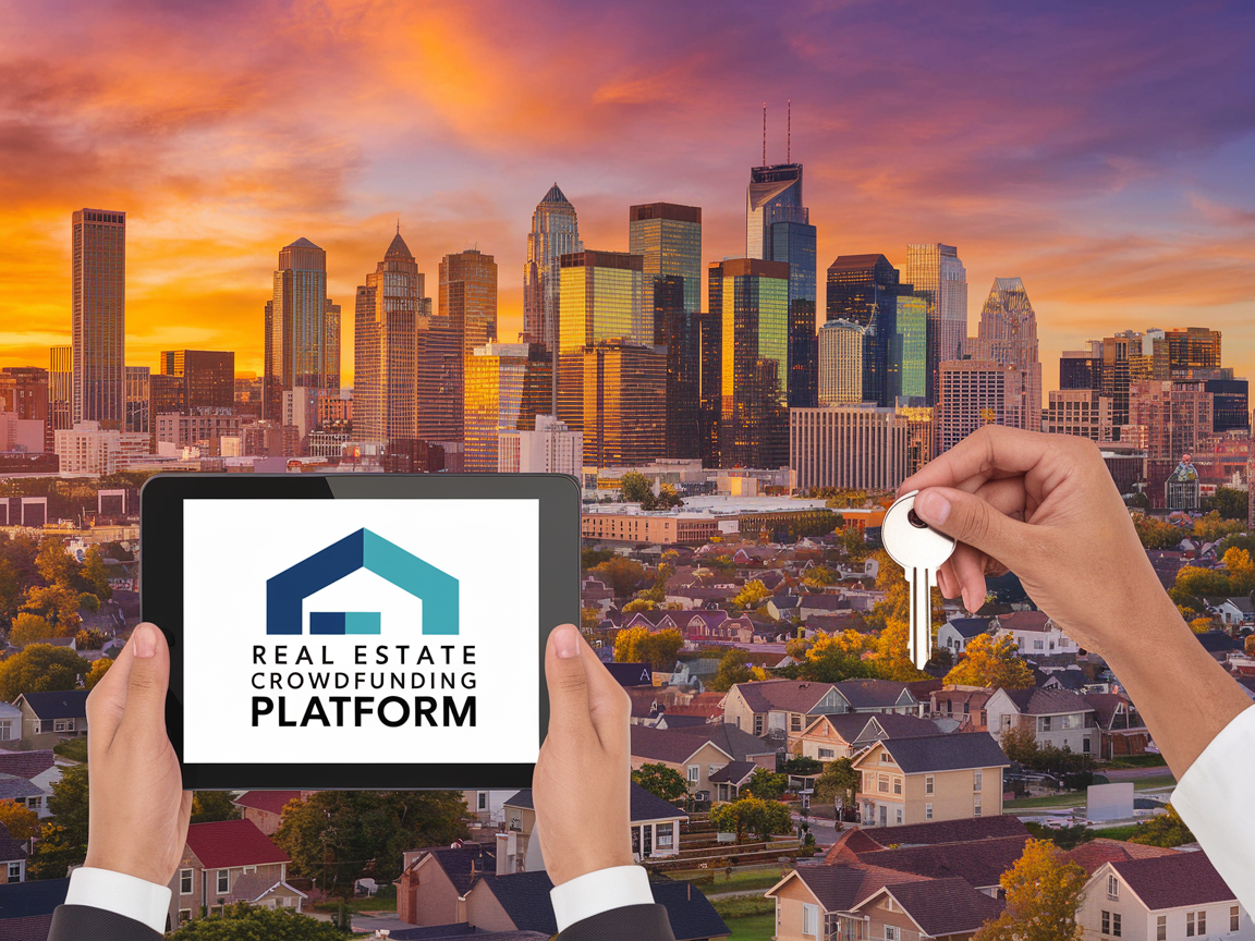 Fotorealistisches Bild einer Stadt mit Menschen, die Crowdinvesting-Plattformen nutzen und Immobilienbesitz repräsentieren.