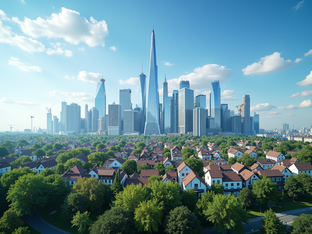 Stadtlandschaft mit Hochhäusern und Häusern, symbolisiert Immobilienchancen und -risiken.