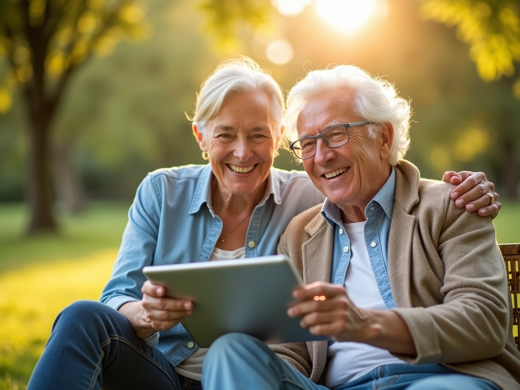 Ein älteres Paar sitzt im Park und plant mit einem Tablet seine finanzielle Zukunft.