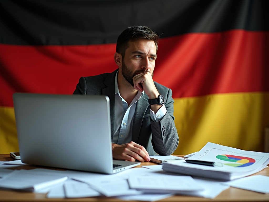 Ein Investor betrachtet Riester-Rente-Daten vor einem Hintergrund mit deutscher Flagge.