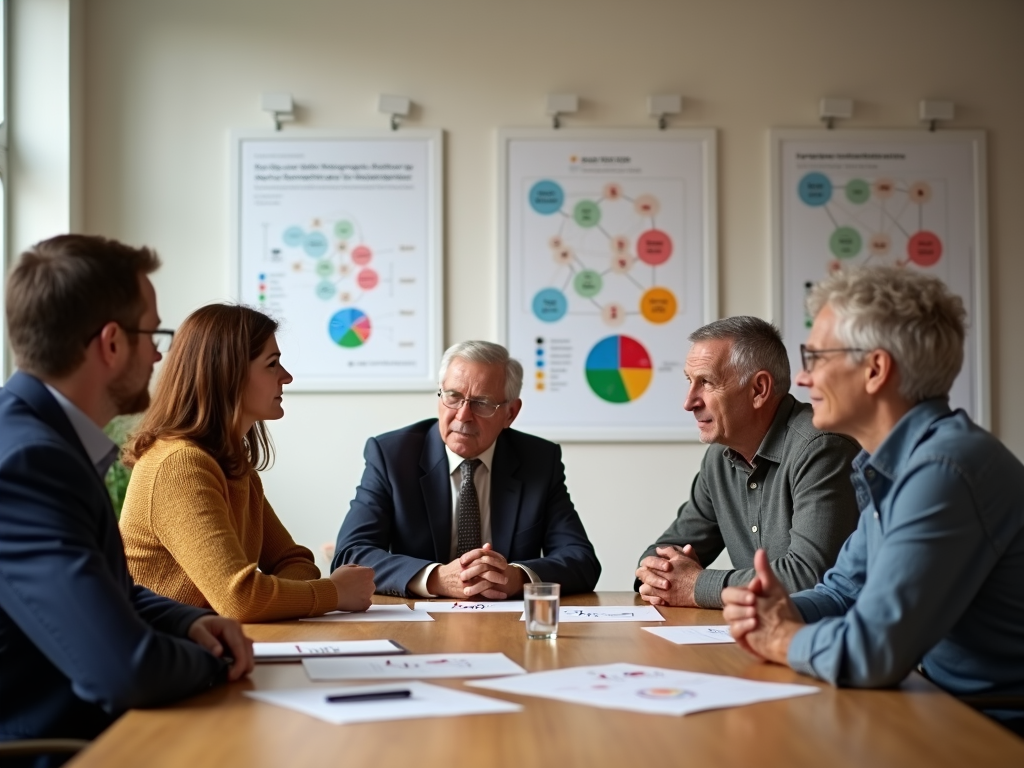 Eine Gruppe von Menschen diskutiert an einem Tisch über Altersvorsorgeoptionen mit Diagrammen im Hintergrund.