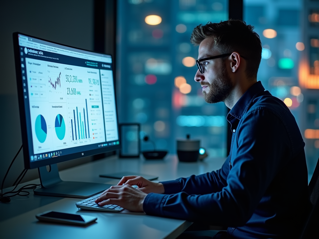 Ein Investor vor einem Computerbildschirm mit Robo-Advisor-Dashboard, das Diagramme und Statistiken zeigt.