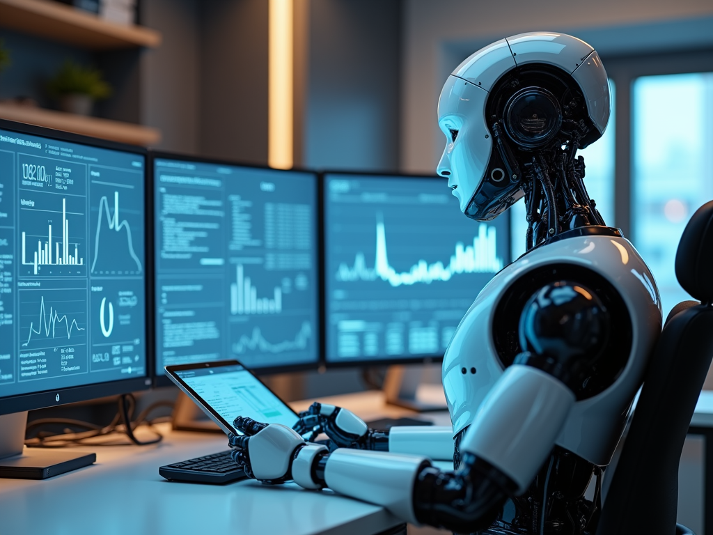 Ein Roboter in einem modernen Büro, umgeben von Bildschirmen mit Finanzdaten.