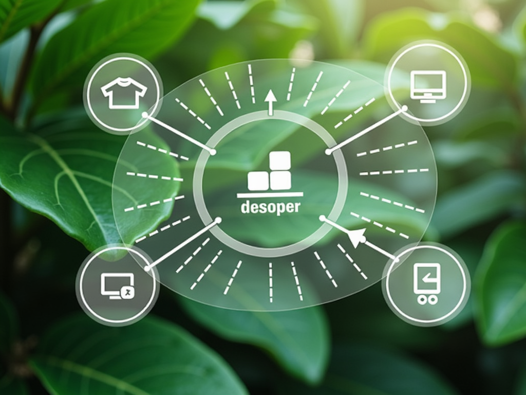 Digitale Plattform mit Second-Hand-Artikeln und E-Commerce-Icons vor grünen Blättern.