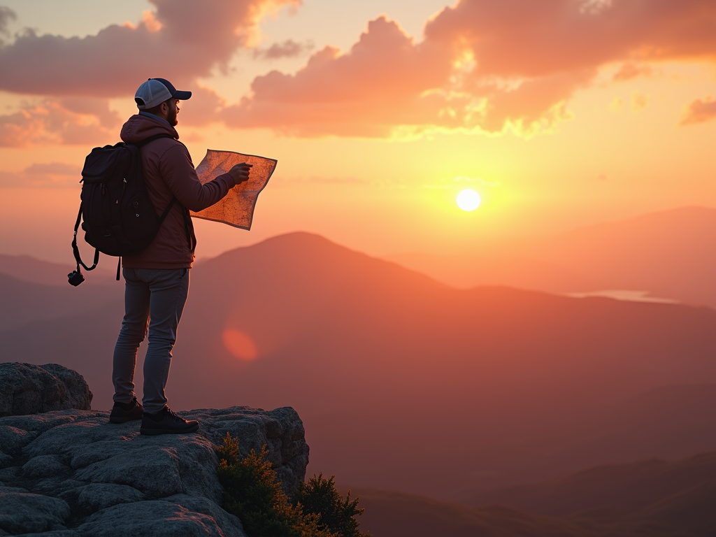 Traveler on a mountain peak with a map, overlooking travel destinations at sunset.