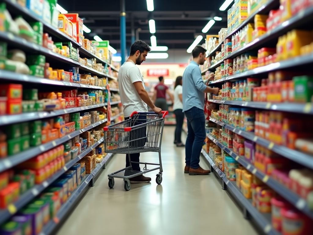 Ein belebter Supermarktgang mit Käufern, die Preise vergleichen und Produkte auswählen.