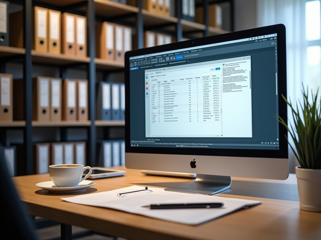 Büro mit Computer, Steuererklärungssoftware, Notizblock und Regalen voller Steuerunterlagen.