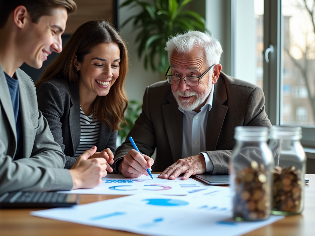 Diversifizierte Gruppe untersucht Finanzen mit Diagrammen und Spargläsern.