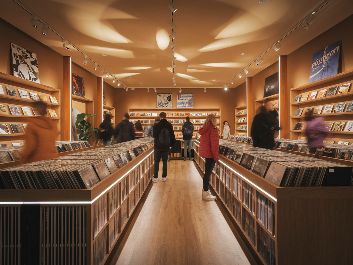 Moderner Musikladen mit Vinyl-Schallplatten und digitaler Streaming-Station.