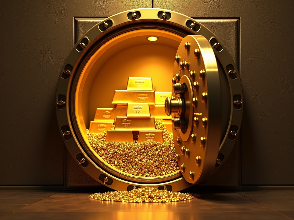 Ein Tresor mit geöffnetem Türspalt, gefüllt mit Goldbarren, der Reichtum und Sicherheit symbolisiert.