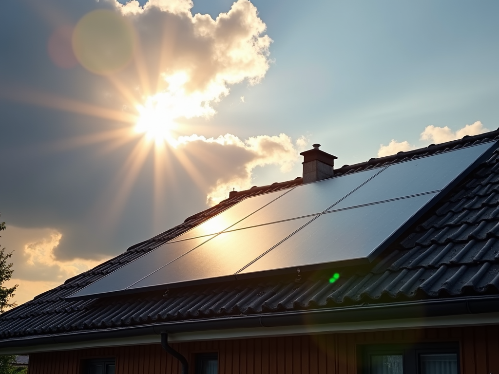 Solaranlage mit unsichtbarem Schutzschild auf einem Hausdach, von Sonnenlicht beschienen.