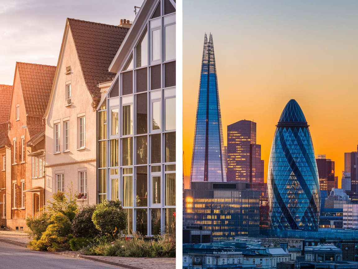 Vergleich von deutschen und britischen Immobilienmärkten mit Wahrzeichen.