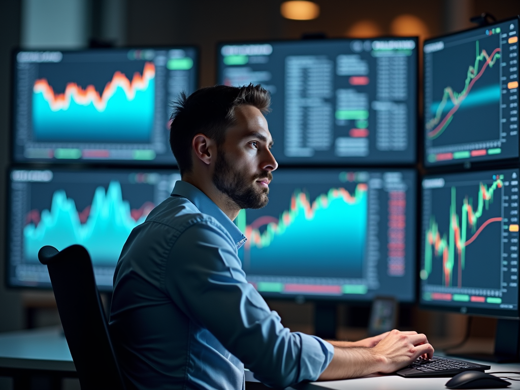 Trader im Büro mit Technologie und Diagrammen, konzentriert auf Risikomanagement.
