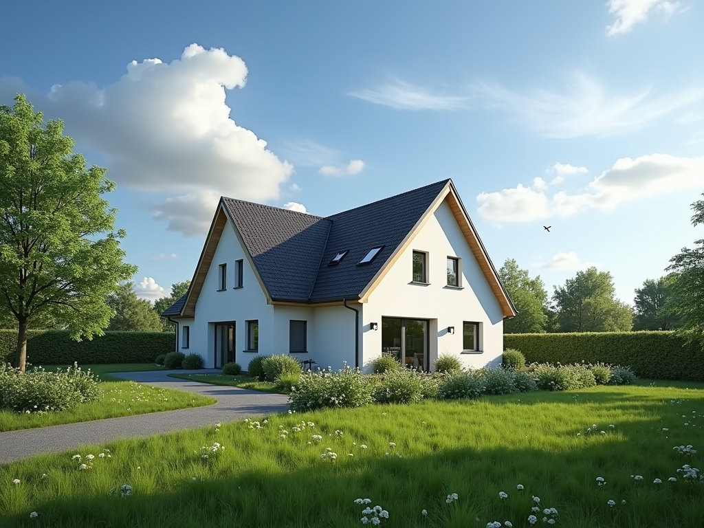 Ein modernes Haus mit Garten, das den Erfolg des Eigenheimbesitzes symbolisiert.