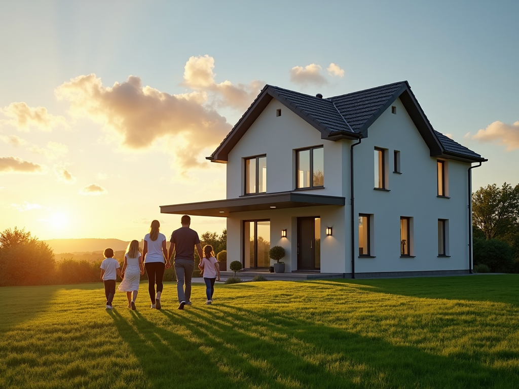 Eine Familie geht auf ihr modernes Haus zu, das auf einem grünen Rasen steht, als Symbol für den erfolgreichen Eigenheimerwerb.