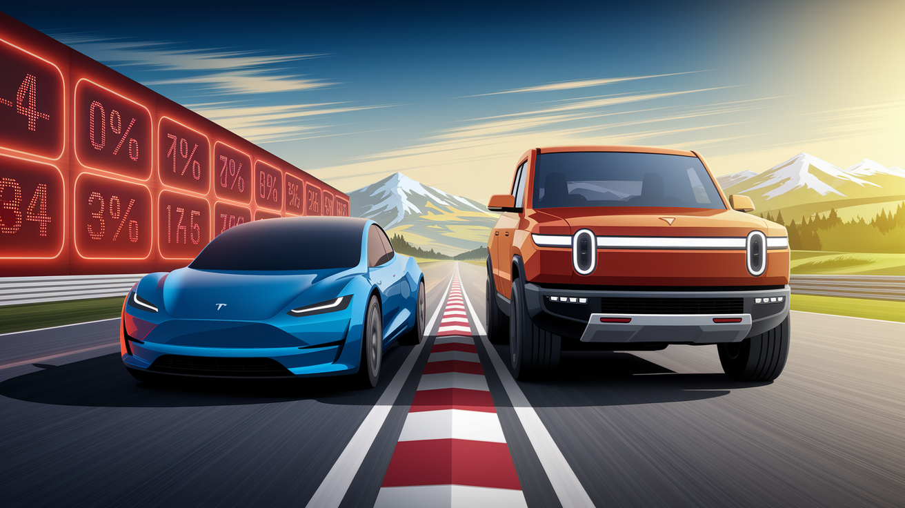 Veicoli Tesla e Rivian rappresentati su una pista, simbolo della loro competizione sul mercato.